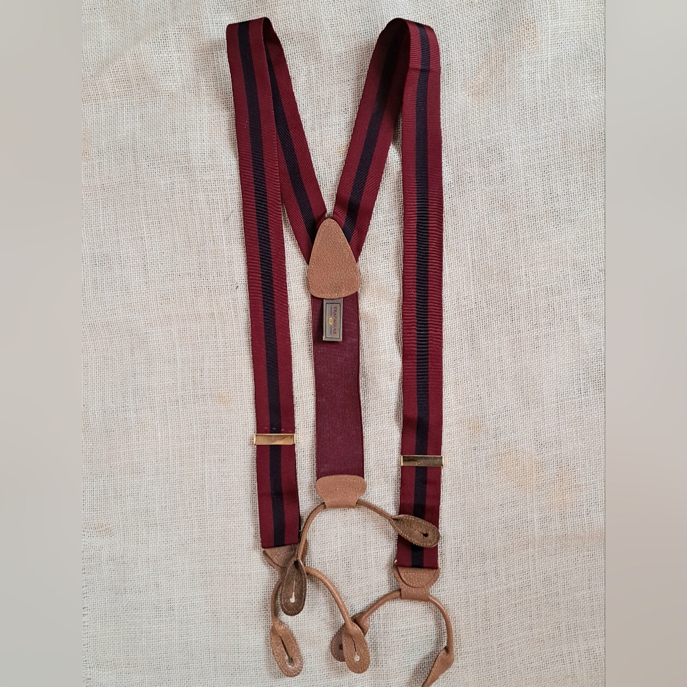 Trafalgar Red Blue Stripe Silk and Brown Leather Suspenders OS